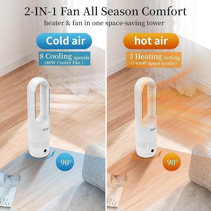 Hiluce All Season Bladeless Fan, 1400W Space Heater & 40W Tower Fan Combo - Image 2