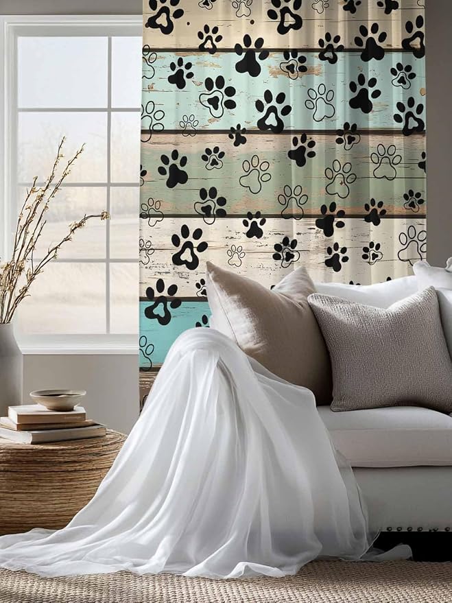 Sheer Curtains 63 Inch Length, Sage Green Brown Paw Prints Semi Sheer Curtains - Image 4