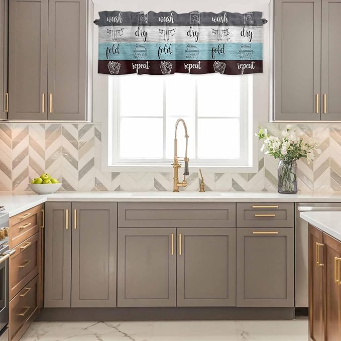 Laundry Rules Valances for Windows, Retro Blue White Wood Board Grain Kitchen - Image 4