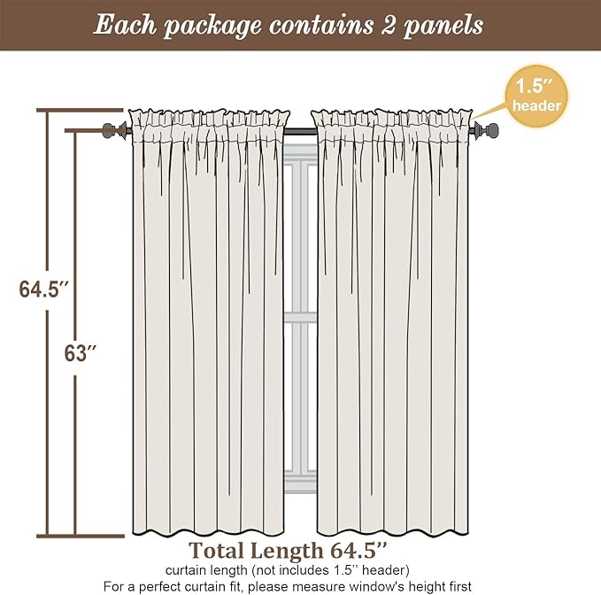 Chyhomenyc Sheer Curtains 63 Inch Length 2 Panels Set, Light Filtering Rod Pocket Window Curtain Treatment Drapes for Bedroom Living Room, Each 42Wx63L, Set of 2, Lemon