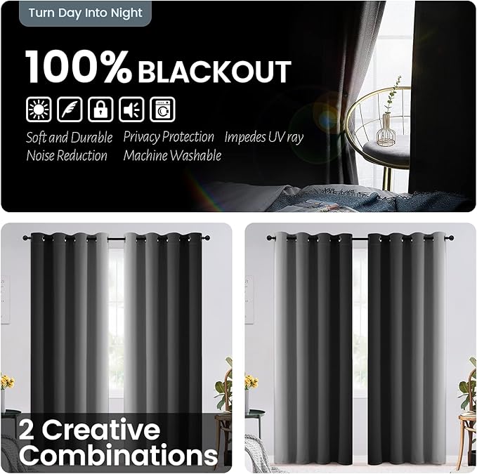 SimpleHome Black and Greyish White Blackout Curtains for Bedroom 90 Inches Long, Room Darkening Grommet Curtains for Living Room,Thermal Insulated Ombre Drapes,2 Panels, 52x90 inches Length