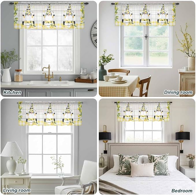 Lemon Dwarfs Sheer Valance Curtains, Gnome Green Leaf Wood Striped Black Plaid - Image 9