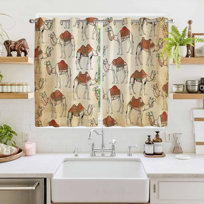 2 Panel Kitchen Cafe Curtains, Desert Sand Camel Sunlight Filtering Nature Air - Image 2