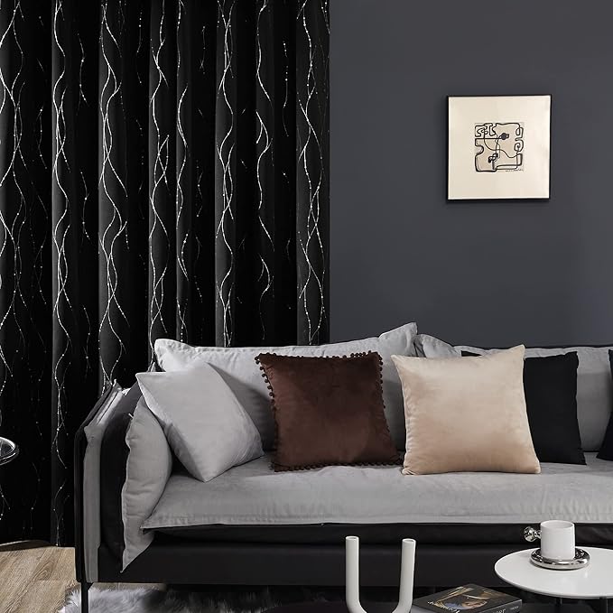Deconovo Short Blackout Curtains, Black Drapes, Thermal Insulated Soundproof Grommet Curtain, Wave Line Dot Foil Print, 38 x 54 Inch, 2 Panels, Machine Washable Window Panel for Small Windows Kitchen