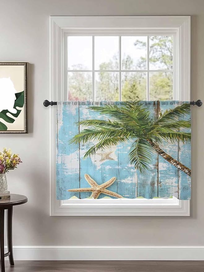 Sheer Curtains 45 Inch Length, Coastal Beach Blue Semi Sheer Curtains Light - Image 2