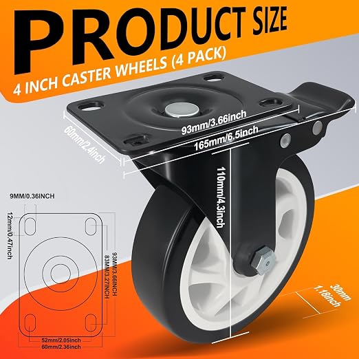 Caster Wheels 4 Inch, Heavy Duty Caster Set of 4, Swivel Castor Wheel - Image 2