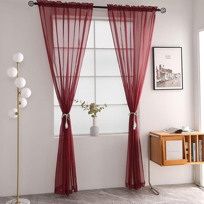 SpaceDresser Basic Rod Pocket Sheer Voile Window Curtain Panels Wine Red 1 Pair 2 Panels 52 Width 36 Inch Long for Kitchen Bedroom Children Living Room Yard（Wine Red, 52W x 36L）