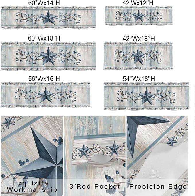 Blue Texas Star Valances for Windows, Vintage Star Berry Blue Beige Wood Grain - Image 9