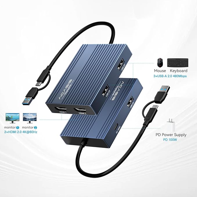 ACASIS USB C to Dual HDMI DisplayLink Adapter, 2 HDMI & 3 USB-A Ports, 100W PD - Image 2