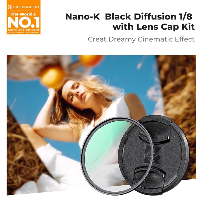 K&F CONCEPT 72mm Black Diffusion 1/8 Filter + Lens Cap, Mist Cinematic Effect - Image 2