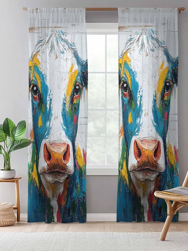 Sheer Curtains 108 Inches Long, Rustic Cow Semi Sheer Curtains Light Filtering - Image 5