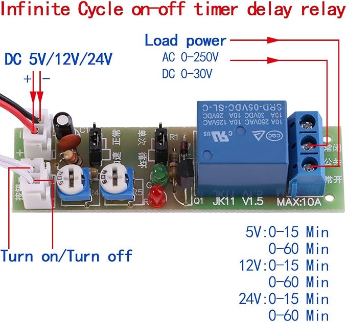 Adjustable Timer Relay Module, DC24V 0-15min, Cycle Delay On/Off Switch - Image 3