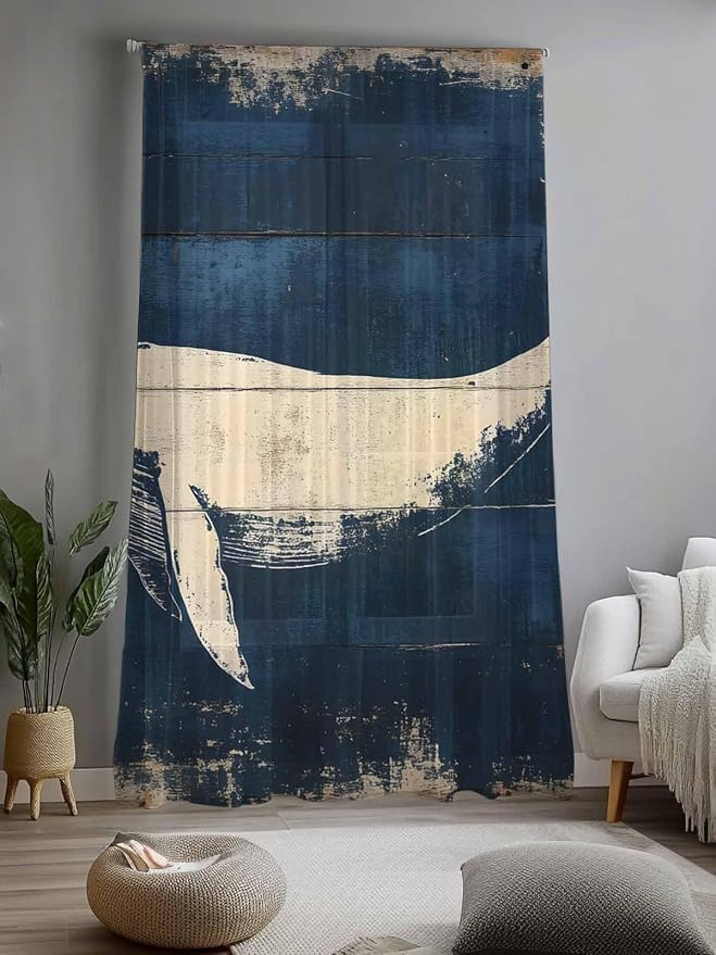 Sheer Curtains 108 Inches Long, Ocean Whale Blue Semi Sheer Curtains Light - Image 2