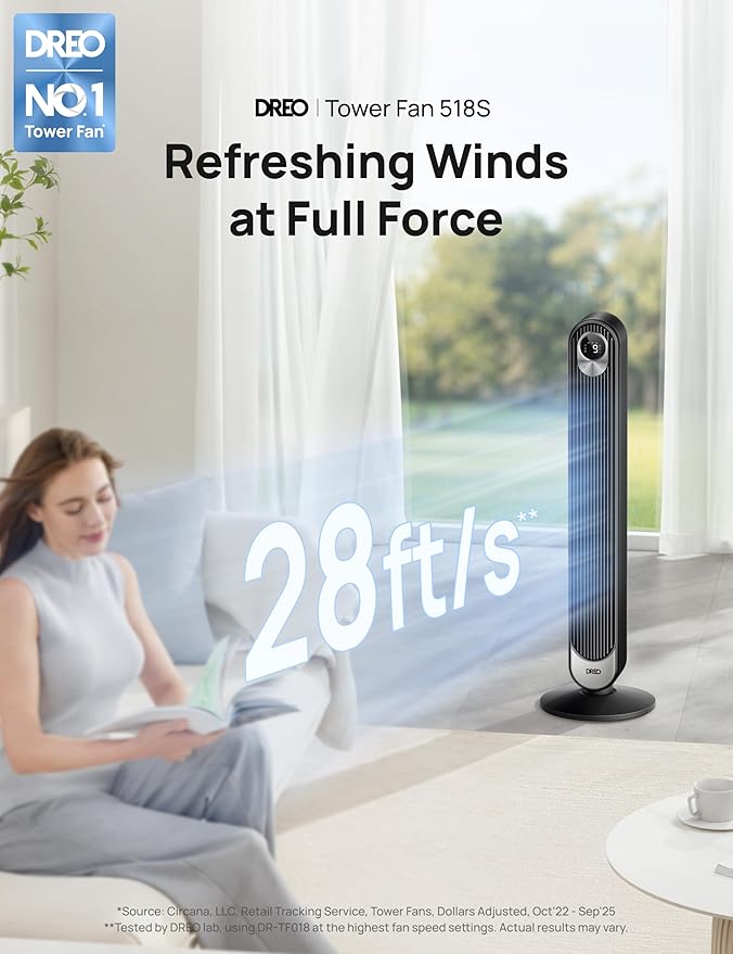 DREO Smart Tower Fan for Bedroom, Floor Standing Bladeless Oscillating Fan - Image 2