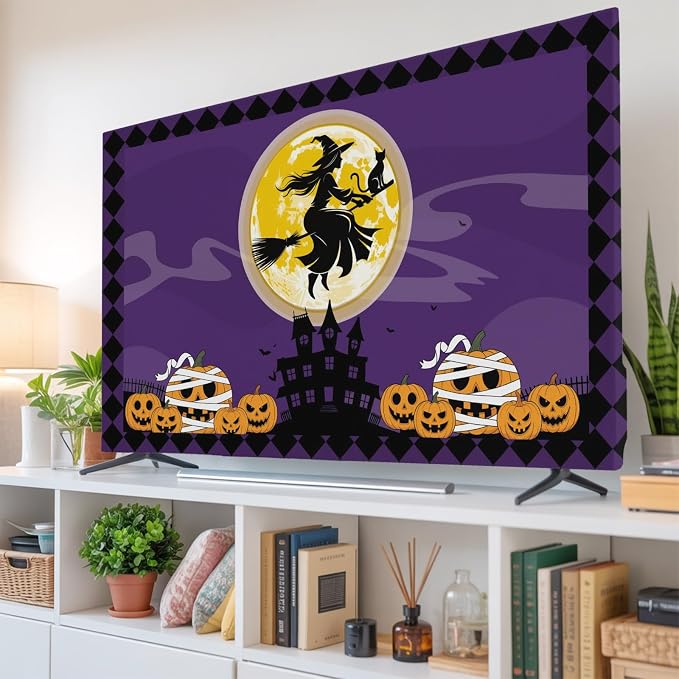 Halloween Full Moon Witch Riding Broom Indoor TV Cover, Elastic TV Screen - Image 6