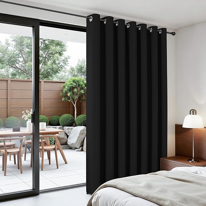 Joydeco Blackout Patio Sliding Door Curtains 108 Inches Long, Grommet Privacy Room Divider Curtains, Extra Wide Thermal Blackout Drapes for Bedroom Living Room (Black, 80Wx108L, 1 Panel)