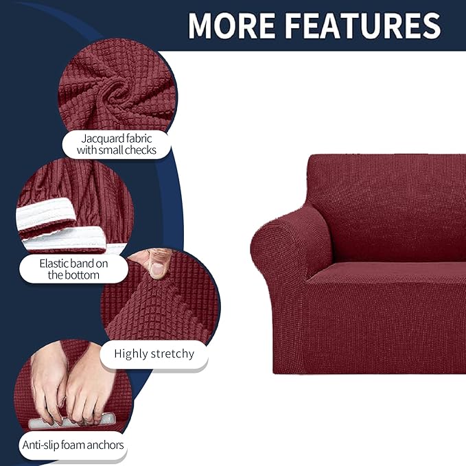 Cupuamon 2026 New Stretch Chair Sofa Slipcovers Couch Cover for 1 Seater Furniture Protector Sofa Covers with Elastic Bottom Jacquard Fabric Small Checks for Pets, Kids - Dark Red