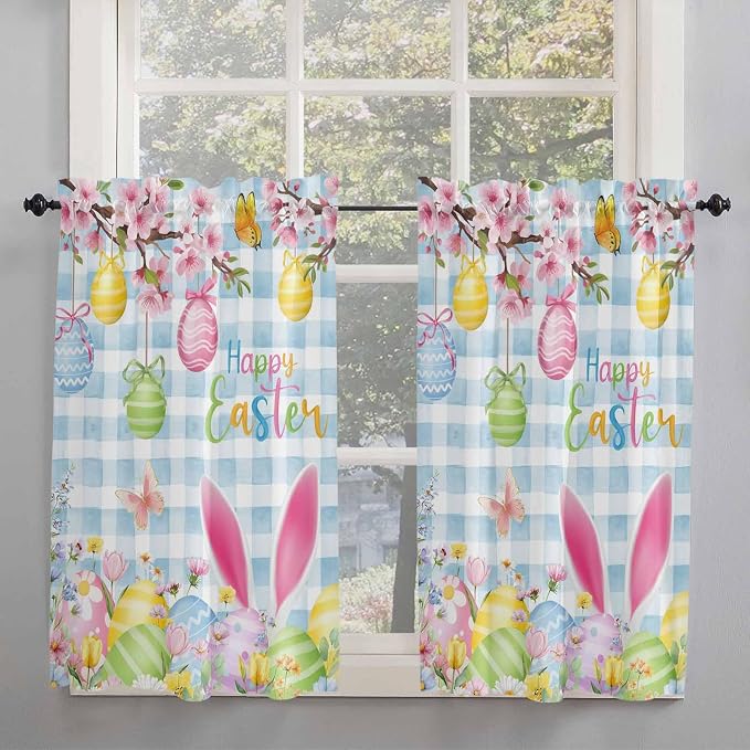 Happy Easter Kitchen Curtains 54 Inches length, Spring Watercolor Bunny Eggs - Image 2