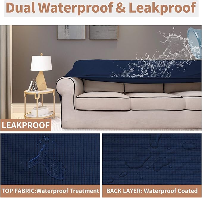 Easy-Going 100% Waterproof Loveseat Couch Cover, Dual Waterproof Sofa Cover, Stretch Jacquard Sofa Slipcover, Leakproof Furniture Protector for Kids, Pets, Dog and Cat (Loveseat, Navy)