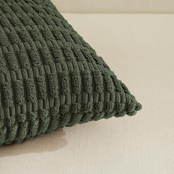 Fancy Homi 4 Packs Boho Olive Green Decorative Throw Pillow Covers 24x24 Inch for Couch Bed Sofa, Rustic Modern Farmhouse Home Decor, Soft Plush Corduroy Cute Square Cushion Case 60x60 cm
