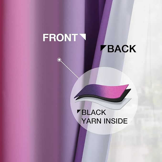 Yakamok Pink and Purple Blackout Curtains, Ombre Full Room Darkening Window Curtains for Living Room,Grommet Thermal Insulated Drapes,Light Blocking Curtains for Girls Bedroom,52x54 Inch, 2 Panels