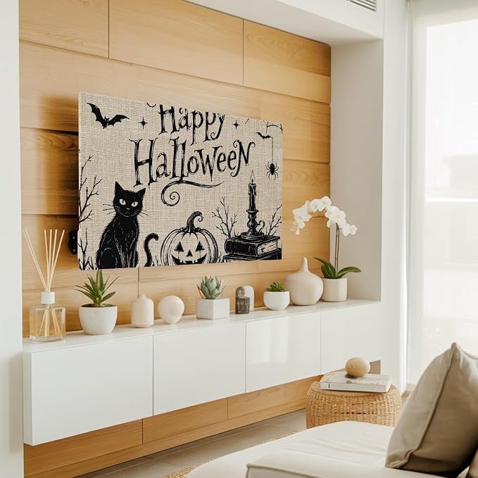 Happy Halloween Black Cat Smile Pumpkins Indoor TV Cover, Elastic TV Screen - Image 2