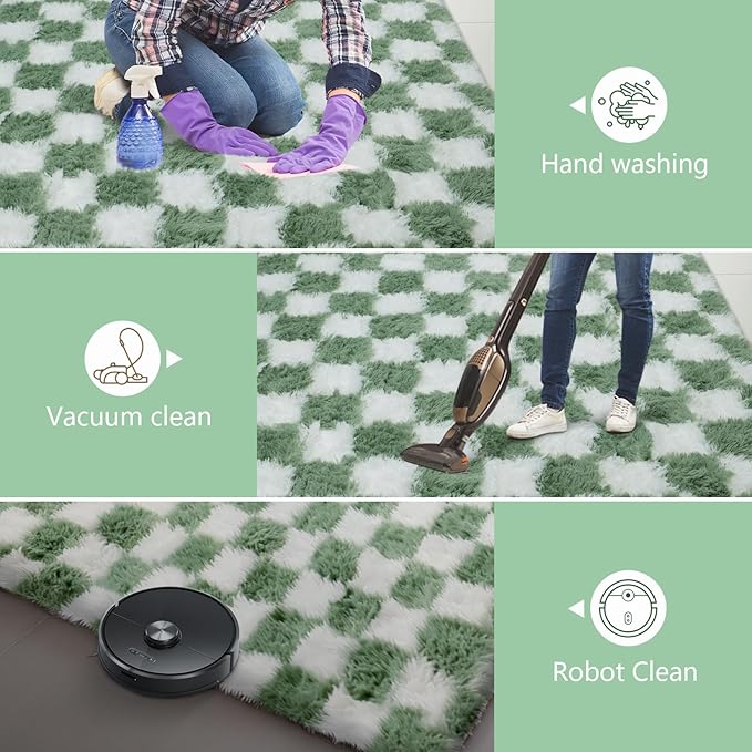 Area Rugs for Bedroom Living Room,5x8 Green and White Fluffy Soft Checkered Rug Fuzzy Shag Shaggy Carpet, Indoor Plush Floor Rugs for Kids Boys Girls Teen Dorm Nursery Home Decor
