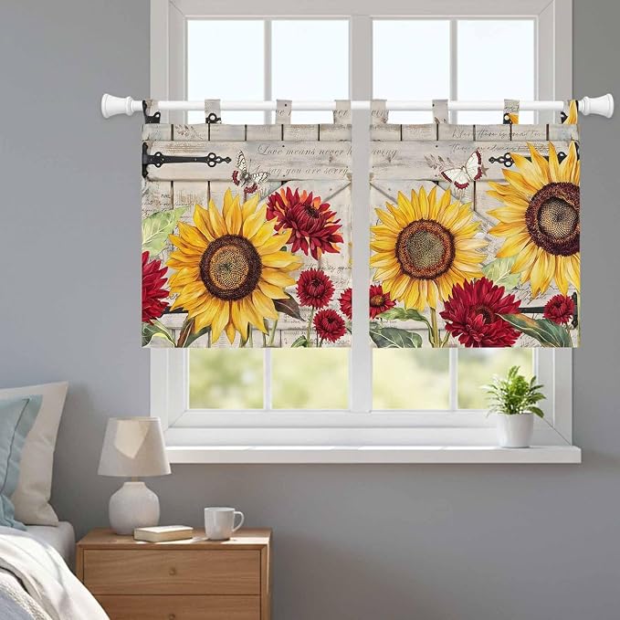 Red Yellow Sunflowers Kitchen Curtains 24 Inch Length, Small Window Curtains - Image 9