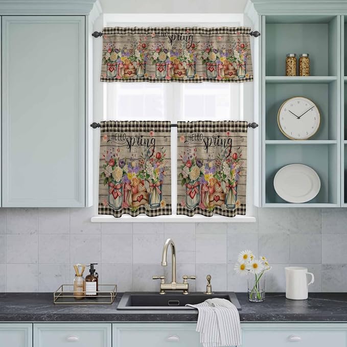 Spring Flowers Kitchen Curtain Set, Farmhouse Vintage Black Plaid Wood Grain - Image 9