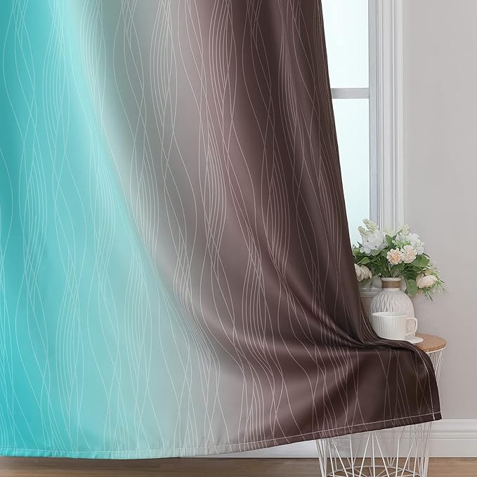 Estelar Textiler Full Room Darkening Gradient Blackout Curtains 96 Inch Length 2 Panels Set, Ombre Teal and Brown Thermal Insulated Full Light Blocking Grommet Blackout Drapes for Bedroom, 52Wx96L