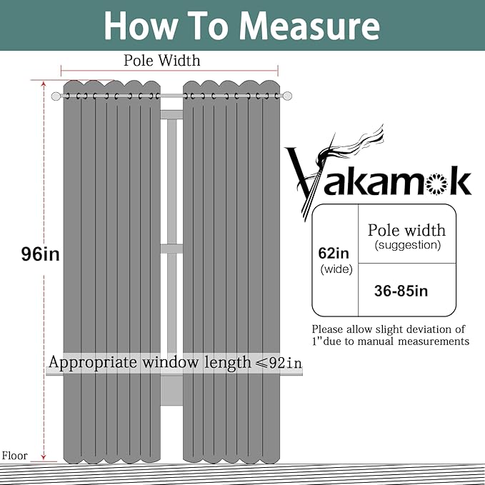 Yakamok Blackout Curtains Room Darkening Thermal Insulated Window Panels,Solid Grommet Top Drapes for Bedroom/Living Room(62Wx96L, Grey, 2 Panels)