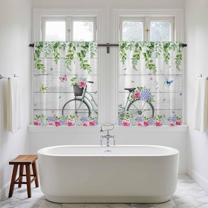 Spring Kitchen Curtains, Bicycles Botanical Rose Leaves Butterfly Wood Grain - Image 5