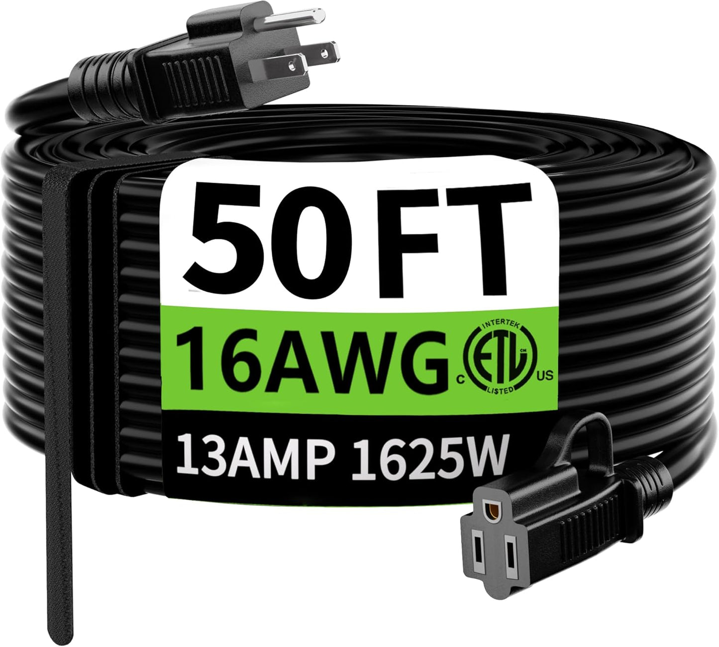 HUANCHAIN Indoor Outdoor Black Extension Cord 50 ft Waterproof, 16/3 Gauge Flexible Resistant Appliance Extension Cord Outside, 13A 1625W 16AWG SJTW, 3 Prong Heavy Duty Electric Cable, ETL Listed