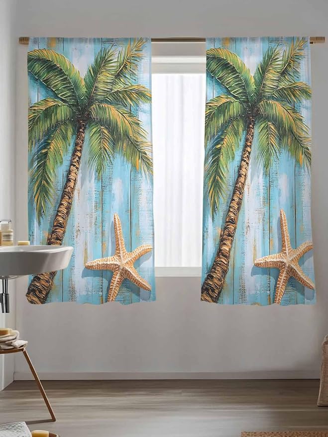 Sheer Curtains 63 Inch Length, Coastal Beach Tree Semi Sheer Curtains Light - Image 5