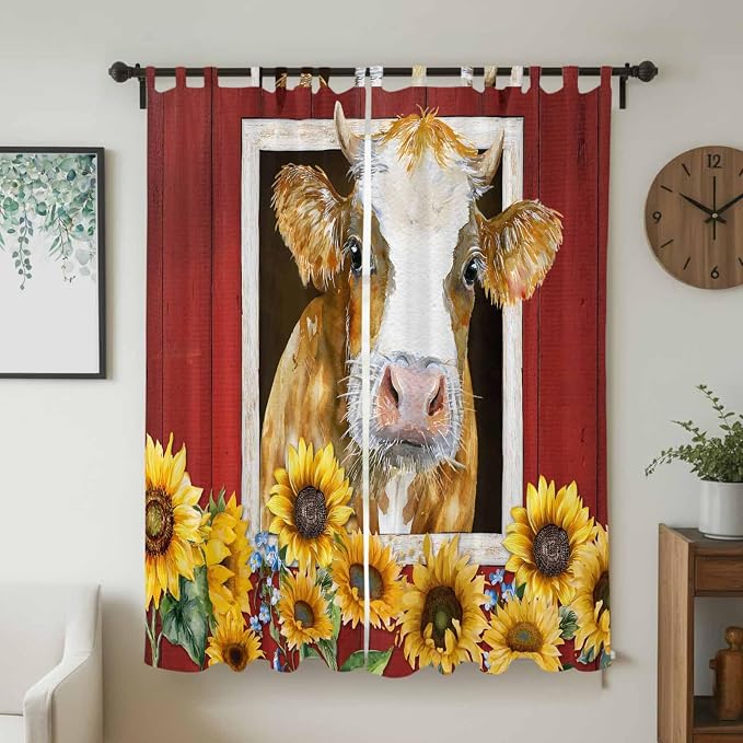 Cows Sunflowers Living Room Curtains 96 Inch Length, Window Curtains Tab Top - Image 2