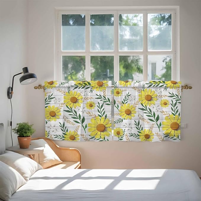 Yellow Daisy Tier Curtains, Farmhouse Country Flower Leaf Plant Wood Grain - Image 4