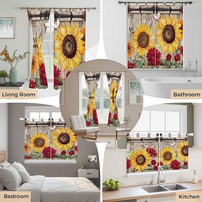 Sunflowers Bedroom Curtains 63 Inch Length, Window Curtains Tab Top, Retro - Image 7