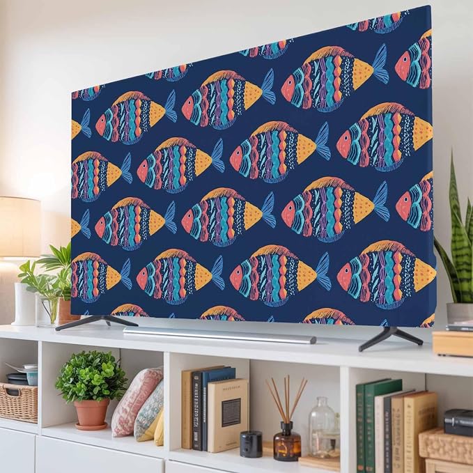 Ethnic Style Ocean Fish Indoor TV Cover, Elastic TV Screen Protector Watercolor - Image 6
