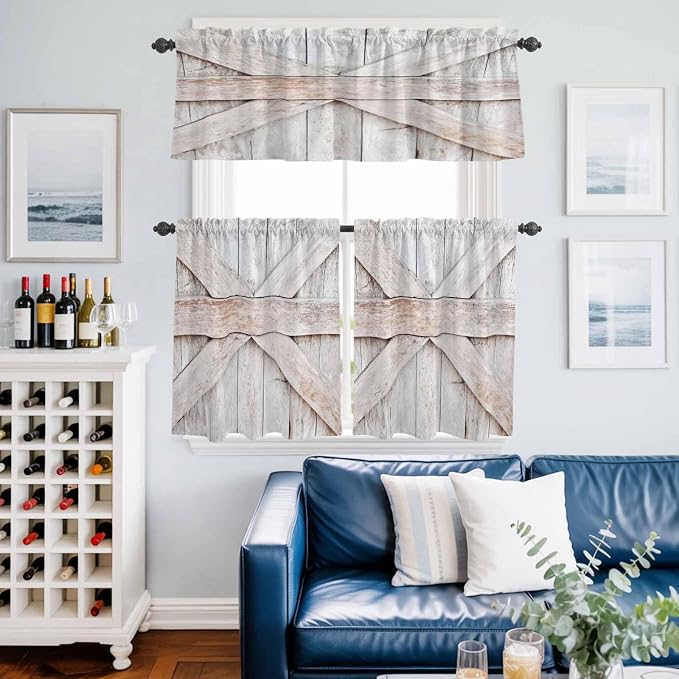 Kitchen Window Curtains Valance and Tier Set, Farmhouse Retro Wooden Barn Rod - Image 9