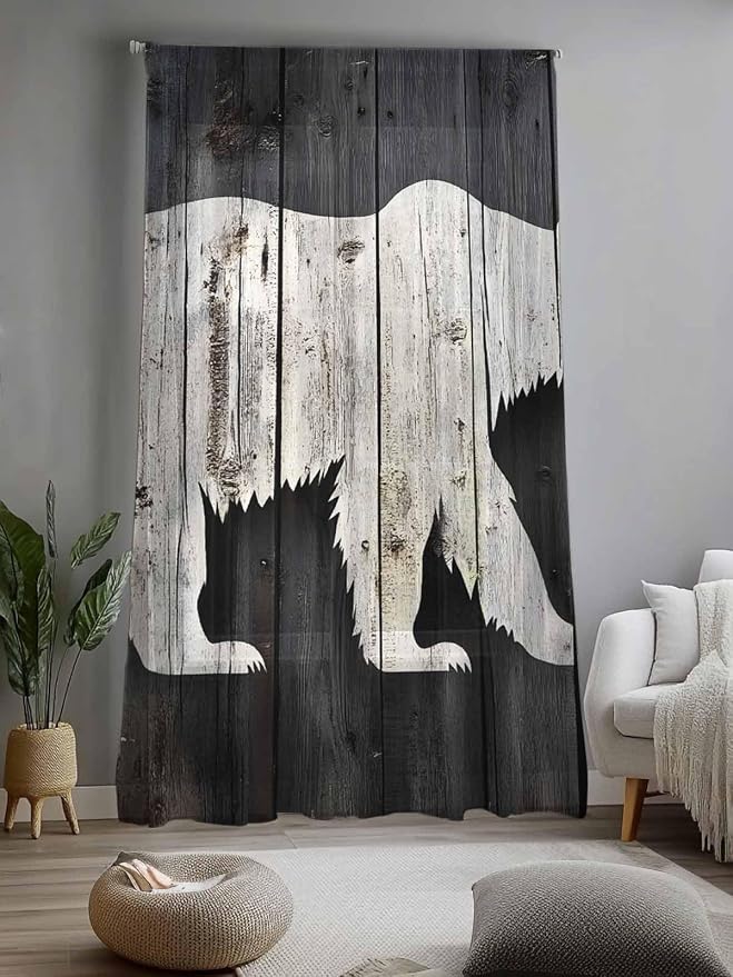 Sheer Curtains 96 Inches Long, Farmhouse Country Rustic Wooden Grain Privacy - Image 2