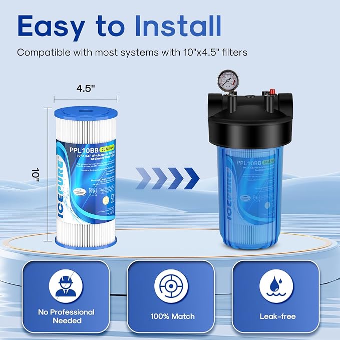 ICEPURE 20 Micron 10" x 4.5" Whole House Extra Coarse Pleated Sediment Filter - Image 2