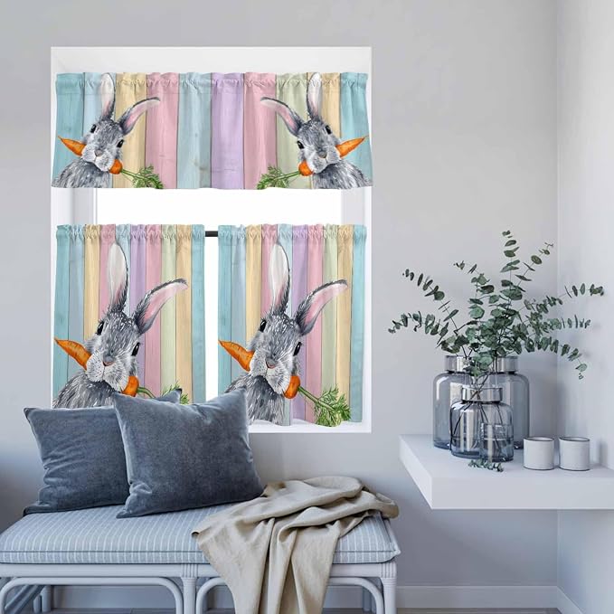 Easter Kitchen Curtain Set, Spring Grey Rabbit Carrots Colorful Wooden Plank - Image 8