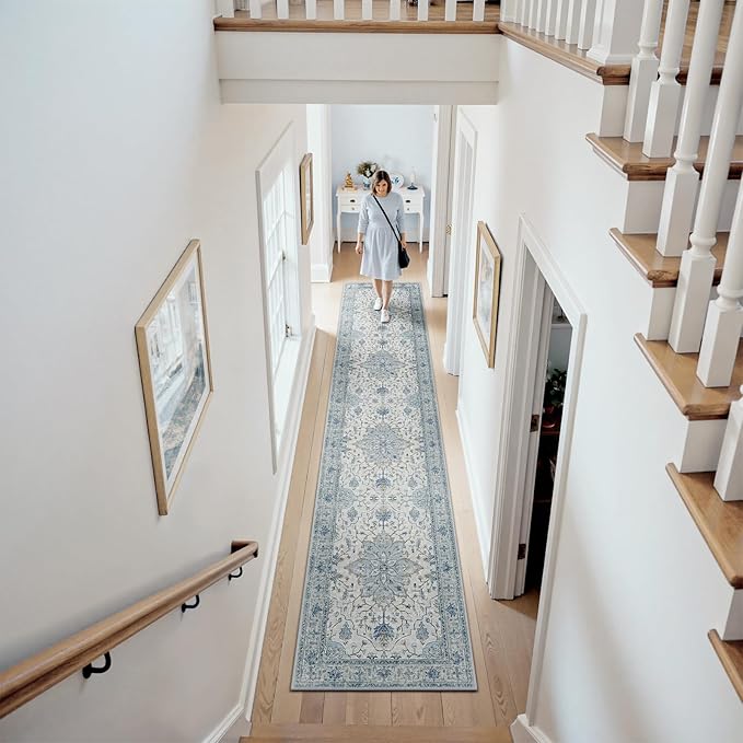 Area Rugs 2'6''x10' Runner Rug Non Slip Washable for Kitchen Hallway Bedroom Beside Laundry Room Bathroom Rug, Floor Carpet, Light Blue Navy Beige Gray White