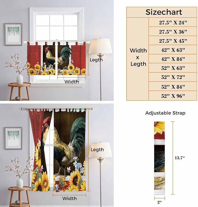 Chicken Sunflowers Bedroom Curtains 63 Inch Length, Window Curtains Tab Top - Image 8