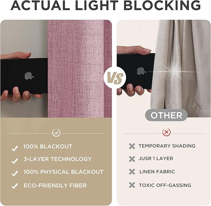 Joydeco Linen Blackout Curtains for Bedroom - 100% Light Blocking 1 Panels, Pink Drapes 70" W x 96" L, Thermal Insulated Room Darkening Curtains for Living Room, Rod Pocket & Back Tabs