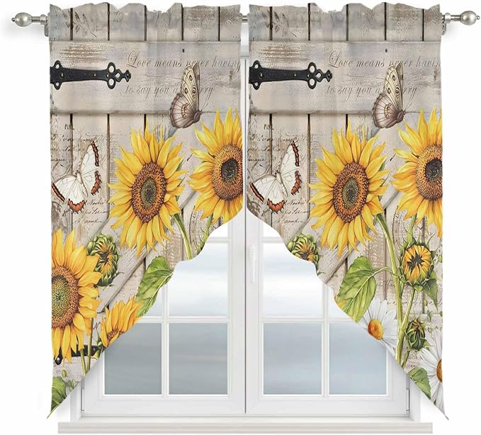 Farm Flowers Swag Valances for Windows, Retro Sunflowers Barn Doors Butterfly by Unknown