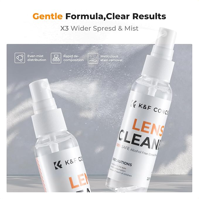 K&F CONCEPT Lens Cleaner Spray Kit | 60ML Glasses Cleaner x2 + Microfiber - Image 3