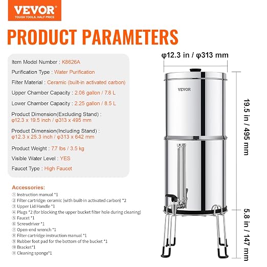 VEVOR Gravity-fed Water Filter System, 2.25G 304 Stainless-Steel Countertop - Image 7