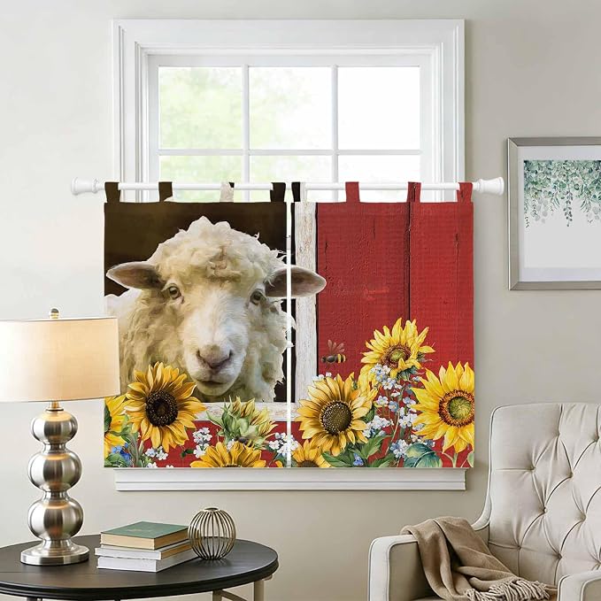 Sheep Flowers Kitchen Curtains 45 Inch Length, Short Cafe Window Curtains Tab - Image 2