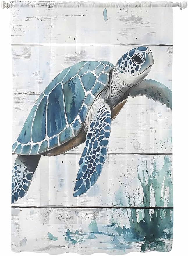 Sheer Curtains 72 Inches Long, Teal Green Sea Turtle Semi Sheer Curtains Light by Unknown